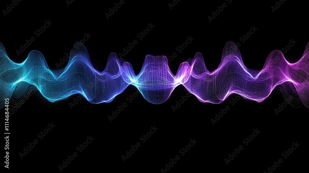 Poster digital wireframe audio waves in a spectrum of blue and purple, creating a futuristic and immersive 