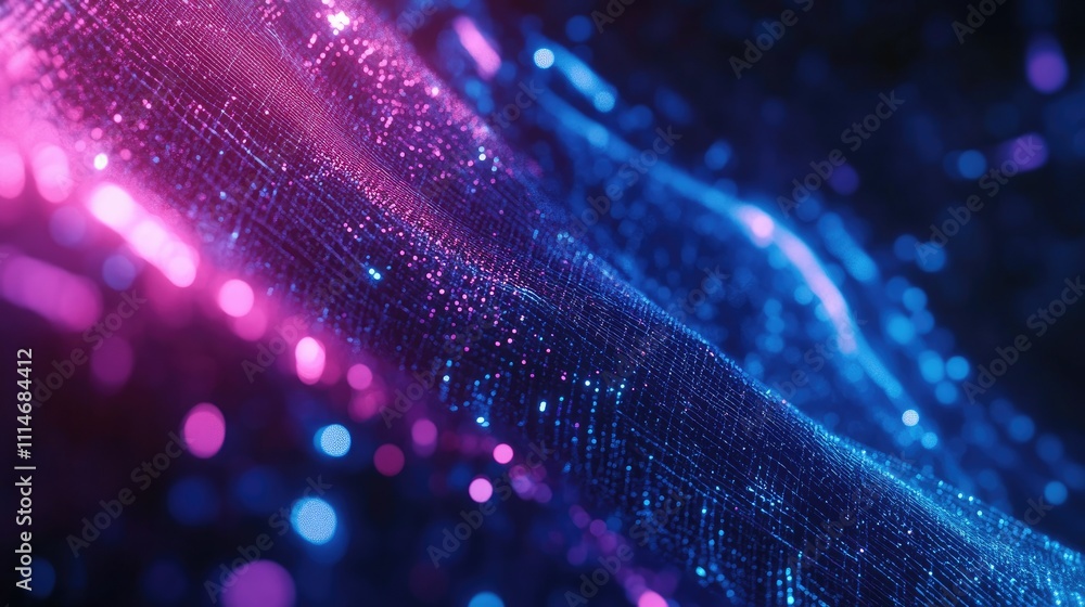 Poster digital wireframe audio waves in a spectrum of blue and purple, creating a futuristic and immersive 