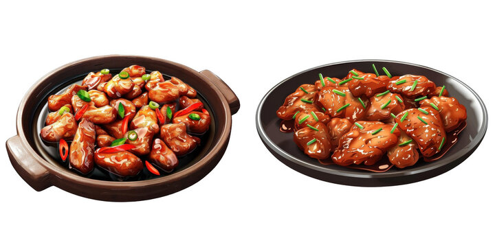 3d render sizzling plate of teriyaki chicken isolated on transparent background Cartoon Illustration in plastic style