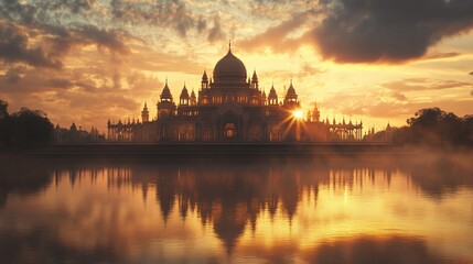 Obraz premium Majestic sunrise silhouette of a palace reflected in calm water.