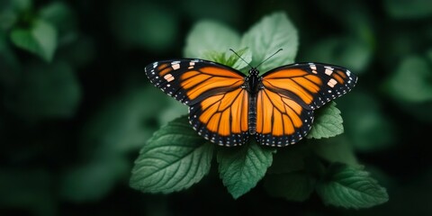 Obraz premium A vivid shot of a monarch butterfly displaying its striking orange and black wings as it rests peacefully on a cluster of fresh green leaves in a garden setting.