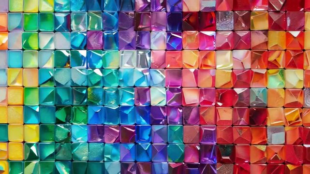 A colorful mosaic made of small cubes. The colors are bright and vibrant, creating a lively and energetic atmosphere. The mosaic is made of glass, which adds a sense of elegance