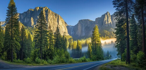 Mountain road with tall pine trees, early morning fog in the valley, and sunlight illuminating the peaks.