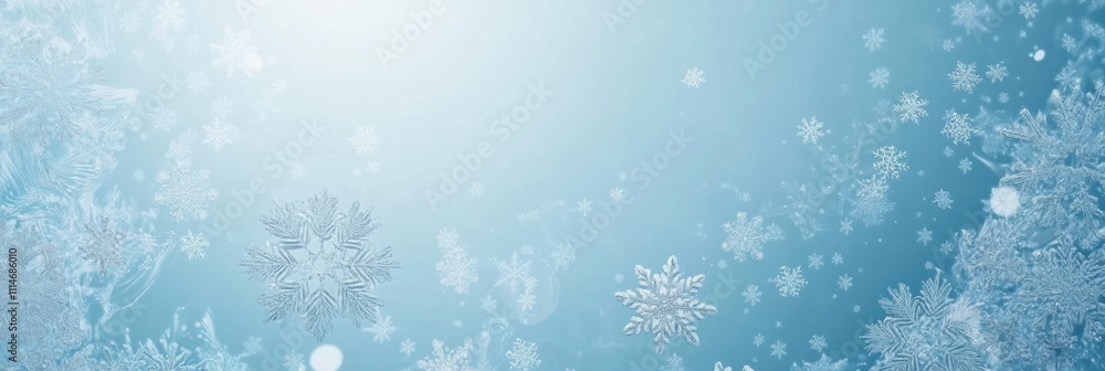 Poster hand-drawn snowflakes of various shapes and sizes create a winter-themed background suitable for cra