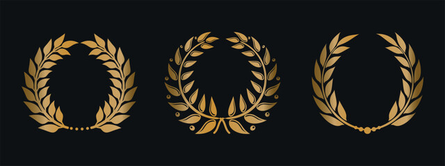 Set of golden laurel wreaths with ribbon. Vector on black background	