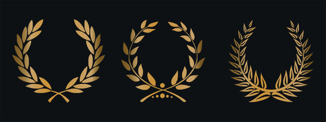 Obraz premium Set of golden laurel wreaths with ribbon. Vector on black background 