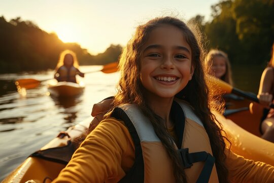 A smiling child in a kayak glides down a sunlit river with friends, capturing the joy and thrill of a fun, active day outdoors amidst beautiful natural surroundings.