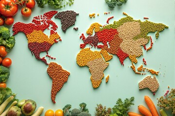 Colorful World Map Created with Assorted Legumes and Vegetables