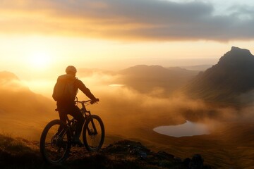Obraz premium A lone cyclist pauses at the top of a hill, gazing over a breathtaking sunset and vibrant landscape, embodying reflection, adventure, and serenity.