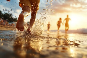 A child's foot splashes through shallow beach water with other kids running in the background, illuminated by warm, golden sunlight—a depiction of carefree joy.