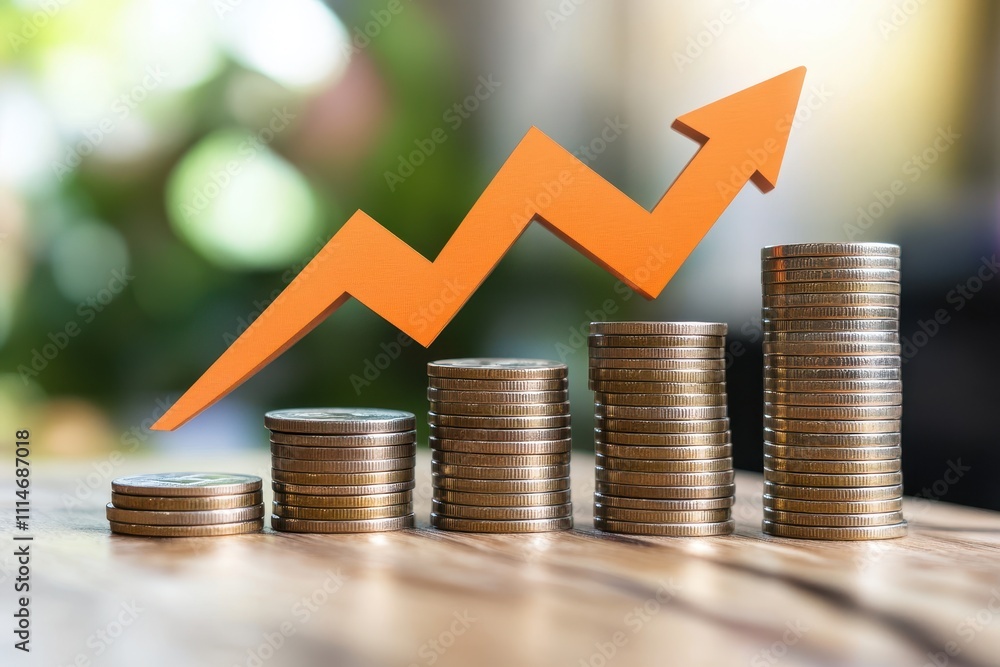Aufkleber stacks of coins arranged in increasing height with a rising orange arrow placed above them