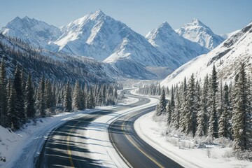 Fototapeta premium Road snaking through snow-covered mountains, bordered by towering pines and crystal-clear streams.