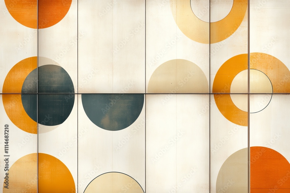 Poster a visually stunning abstract geometric piece featuring vibrant circular patterns with a warm color p