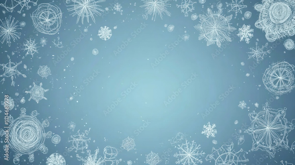 Poster soft blue background showcases an array of hand-drawn snowflakes in different shapes, perfect for wi
