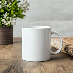 Obraz premium Ceramic mug on wooden table beside a potted plant with small flowers in a cozy indoor setting