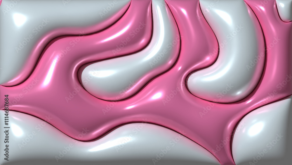 Poster pink inflated wavy shapes with smooth shiny surface on grey background, 3d rendering illustration