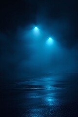 Fototapeta premium Mysterious Foggy Night with Blue Street Lights Reflecting on Wet Pavement
