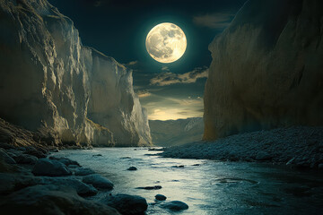 Full moon Night with river and tree vector illustrations 