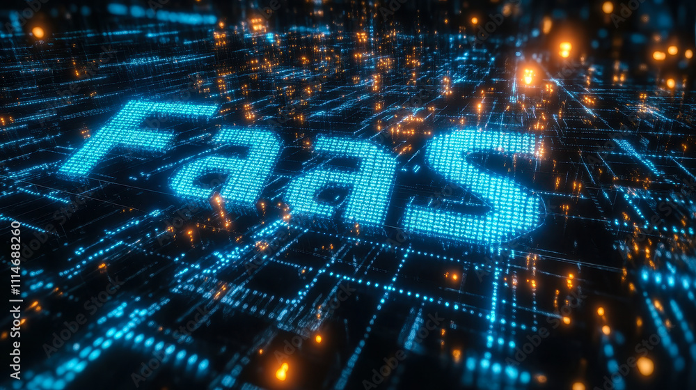 Poster digital binary matrix depicting faas: function as a service concept in technology