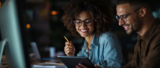 Fototapeta premium Young Diverse Professionals Collaborating Over a Tablet in a Stylish Office Environment