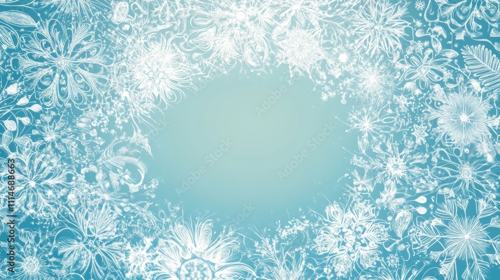 Poster a whimsical doodle design showcases intricate snowflakes in various sizes on a soft blue background,