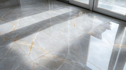 Light gray marble floor with soft golden veins, captured from a wide angle to reveal its refined finish.