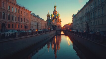 Fototapeta premium A picturesque view of a canal with a colorful church at sunset.
