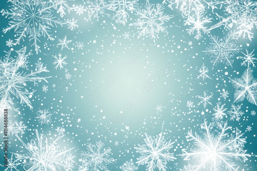 Poster a winter-themed doodle background showcases hand-drawn snowflakes in diverse shapes and sizes, provi