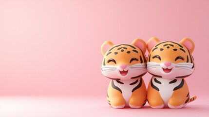 Obraz premium Two adorable cartoon tiger cubs sitting close together on a soft pink background.