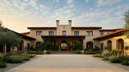 Obraz premium Adobe Pueblo Revival with Traditional Vigas and Mountain Views, Santa Fe Desert Estate Architecture