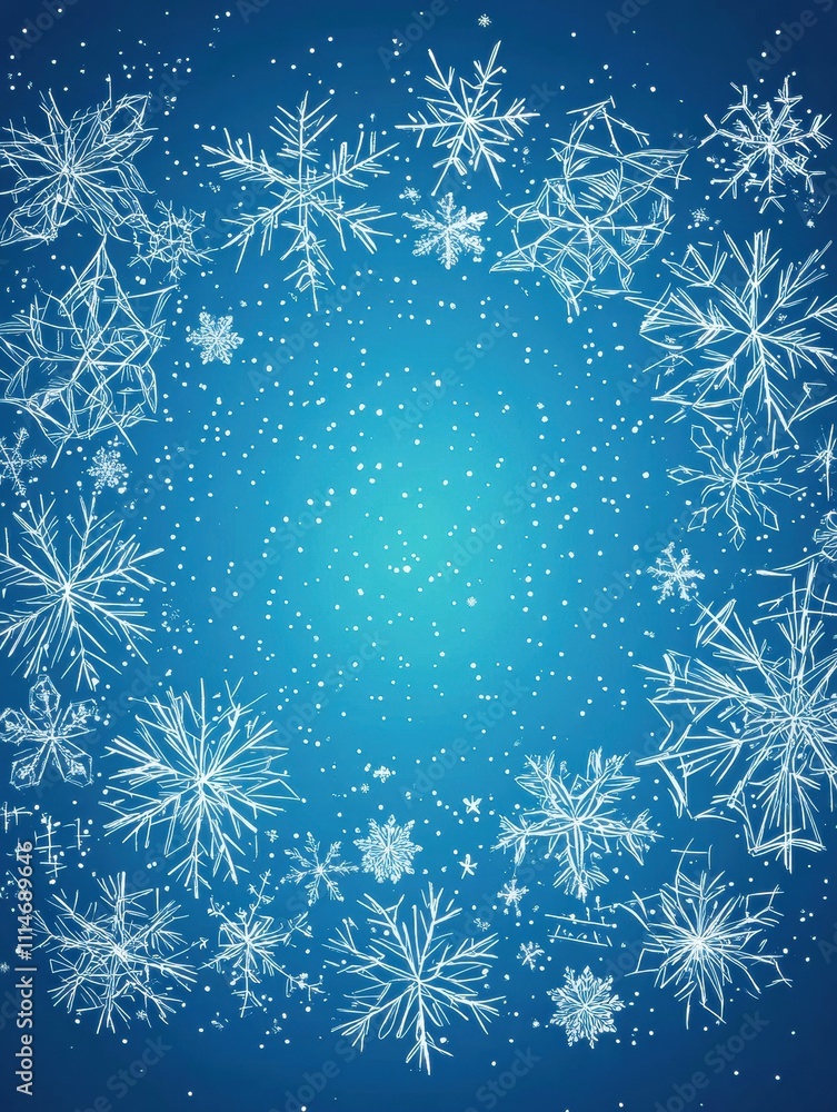 Poster delicate snowflakes in different shapes frame a serene blue background, providing ample space for te