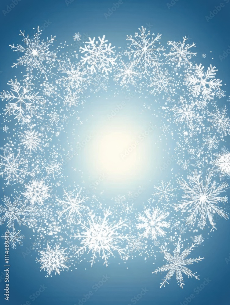 Poster doodle-style background showcasing delicate hand-drawn snowflakes in various shapes against a soft b