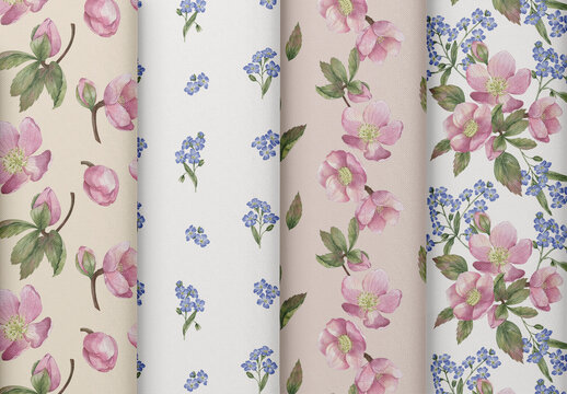 Watercolor Seamless Patterns Set With Floral Elements.