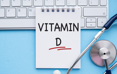 Fototapeta premium On the tablet for writing the text vitamin D, next to the thermometer and yellow tablets.
