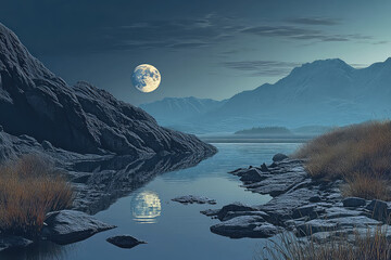 Full moon Night with river and tree vector illustrations 