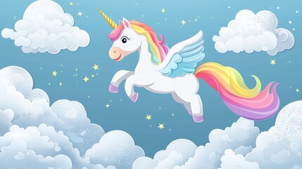 Unicorn with pastel rainbow mane, flying through clouds, vector illustration perfect for children's designs