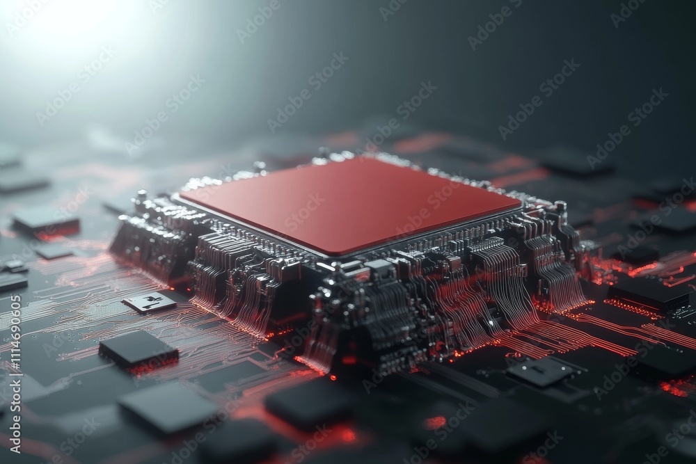 Poster a detailed view reveals a high-tech microchip embedded in a circuit board, accentuated by glowing re