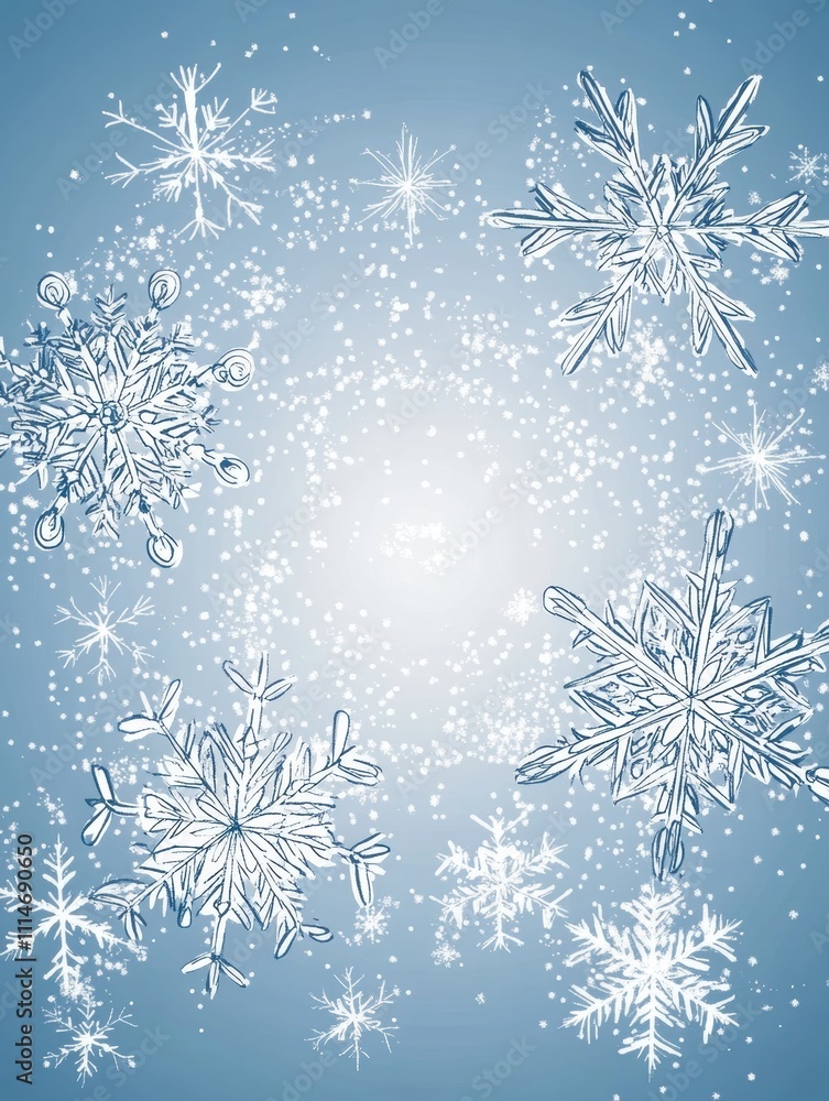 Poster a winter-themed background filled with hand-drawn snowflakes of diverse shapes and sizes, creating a