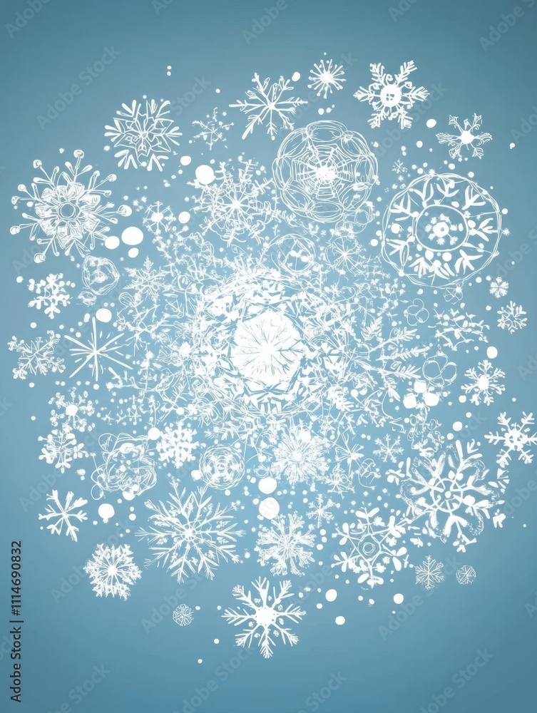 Poster delicate snowflakes of various shapes and sizes create a winter-themed doodle design, perfect for ad