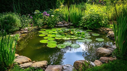 Serene Garden Pond With Lush Green Plants And Rocks