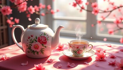 Fototapeta premium Elegant Chinese tea set with steaming tea and cherry blossoms in bright room
