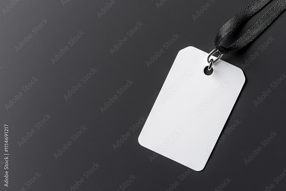 Poster empty badge mockup, isolated on a black background. plain name tag with string, hanging from the nec