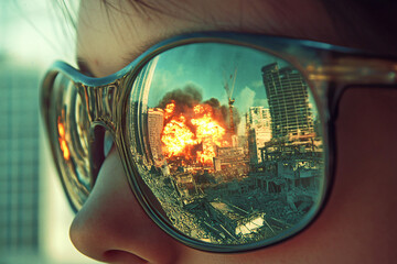 Close-Up Reflective Sunglasses Displaying Contrasting Scenes of Peaceful Landscapes and Urban Destruction, Highlighting Duality and Symbolism