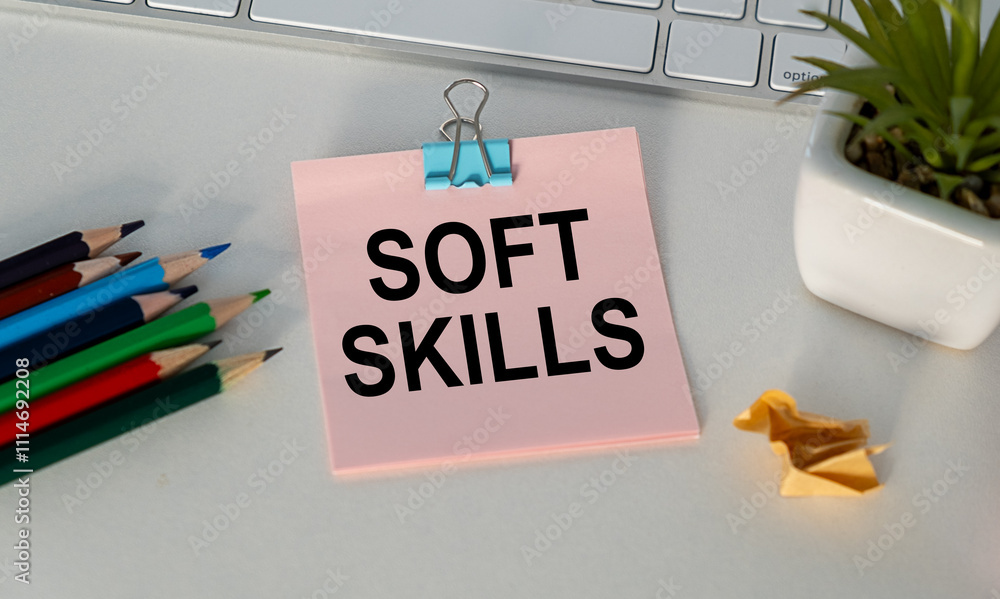 Poster soft skills text concept write on notebook with pencils
