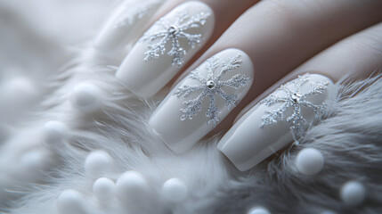 Close-up of stylish white nails adorned with intricate silver snowflakes.