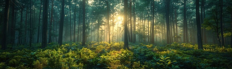 Fototapeta premium Sunlight shining through the trees in a forest filled with tall grass, banner