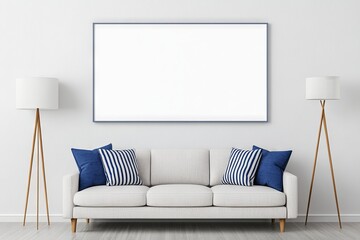 A modern living room interior background featuring a mockup poster, depicted in a 3D illustration and render.