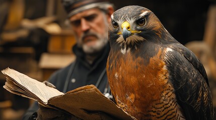 A skilled falconer reads an old book while his proud hawk stands, capturing history and bond