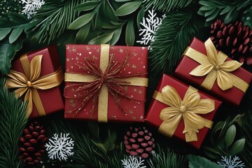 Holiday gifts wrapped in red and gold with festive greenery and snowflakes create a cozy winter atmosphere