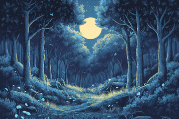 Full moon Night with river and tree vector illustrations 